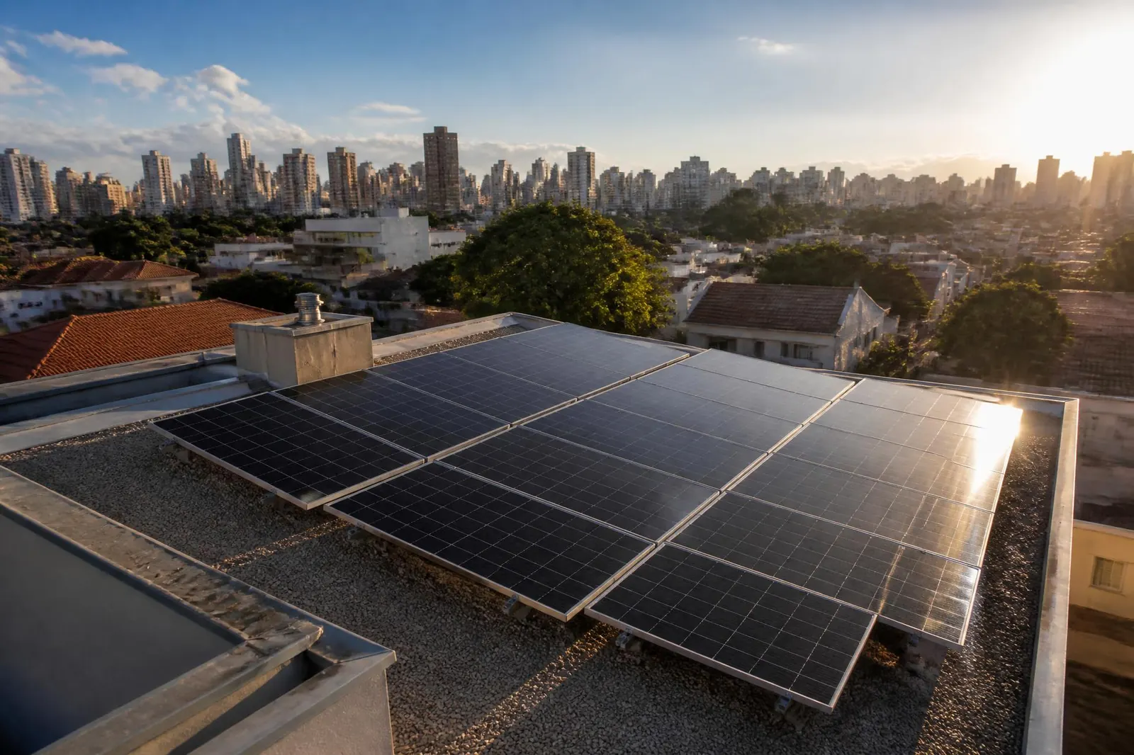 Painéis solares instalados em telhado residencial com a cidade de São Paulo ao fundo